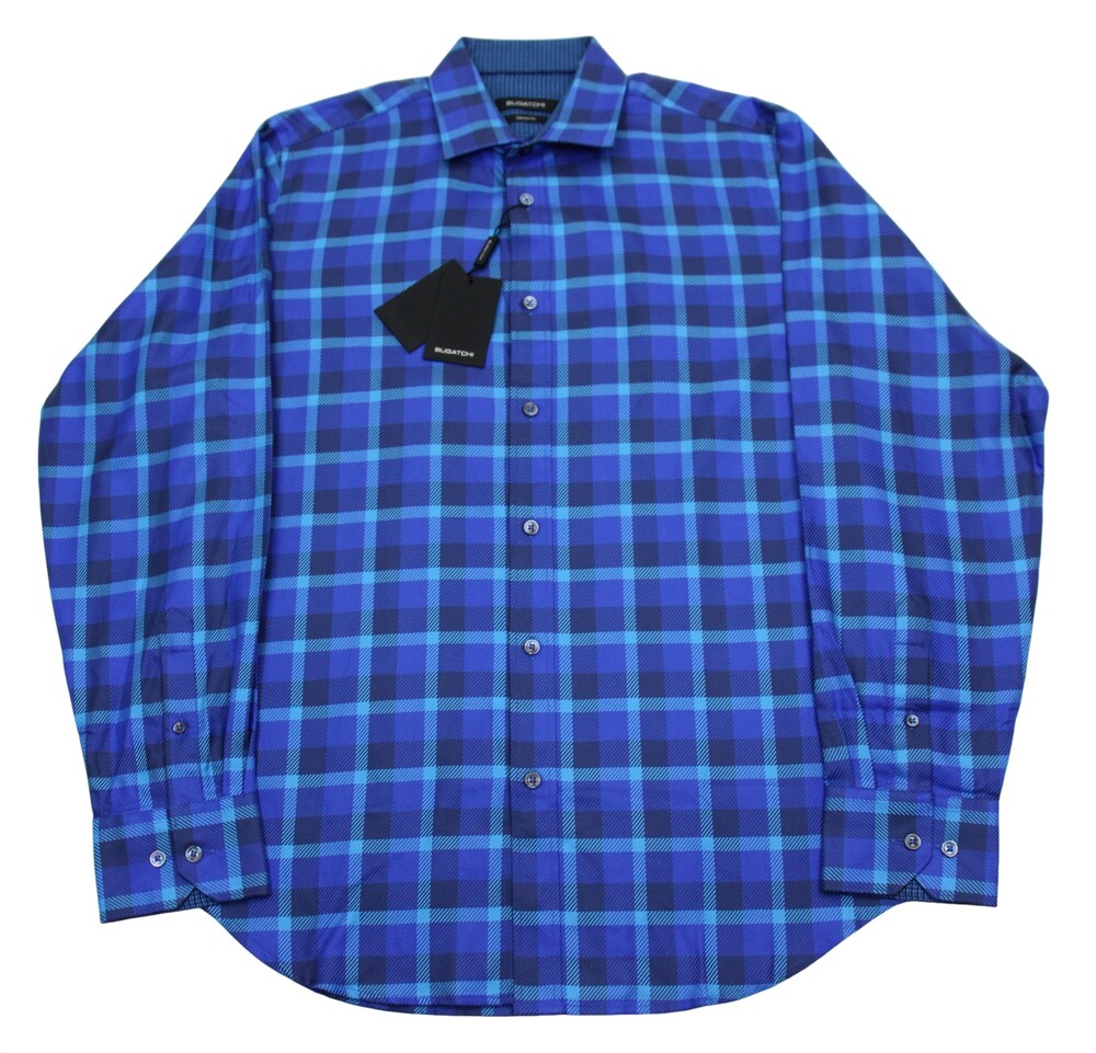 Bugatchi Uomo Shirt Mens M Classic Fit Cotton Blue Plaid Long Sleeve